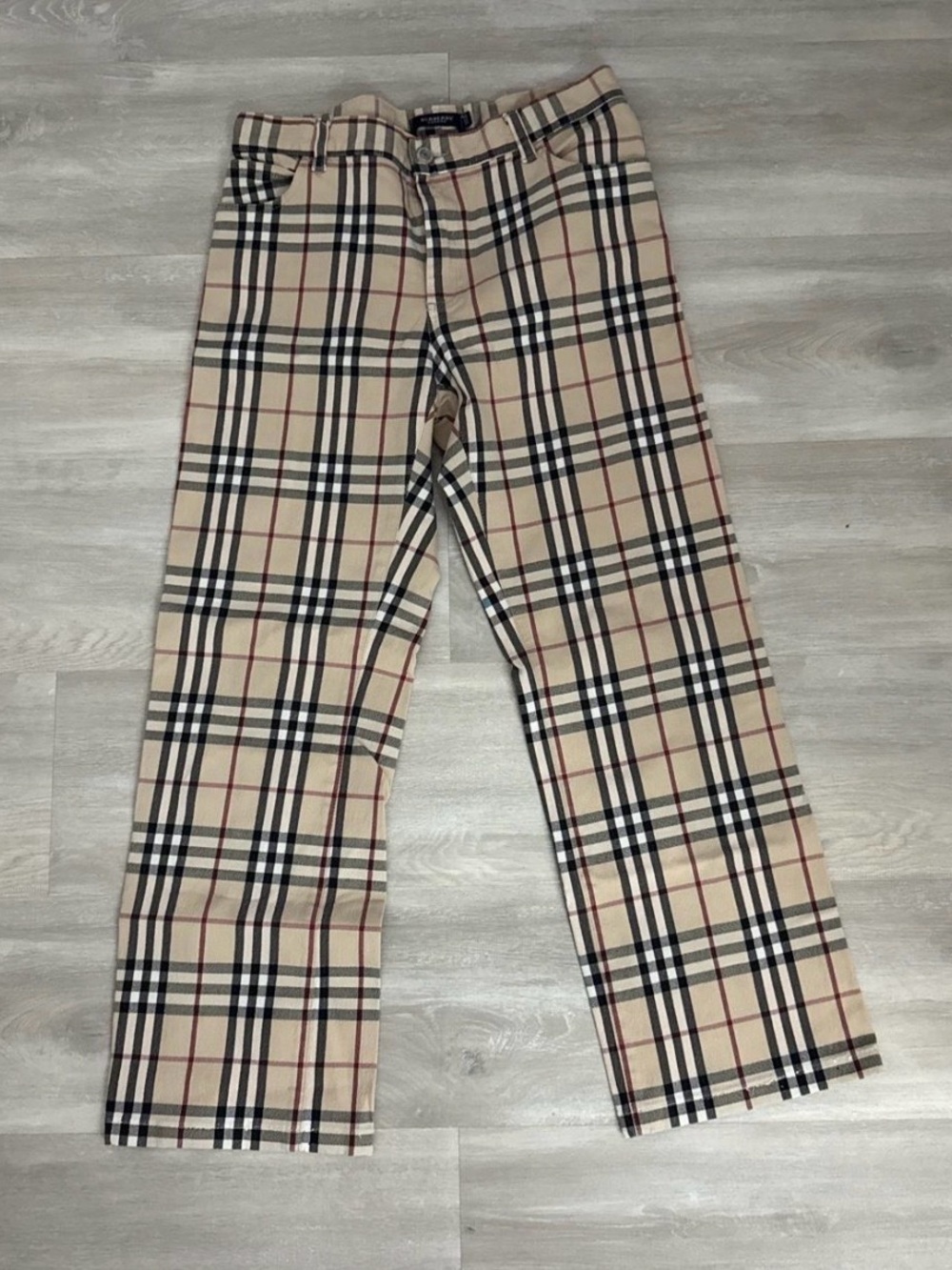 Burberry Tan Plaid Shorts with Black and Red Stripes